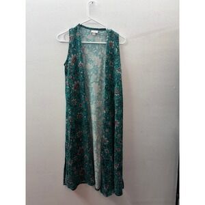 LuLaRoe Joy Longline Duster Vest XS Teal Green Floral Sleeveless Open Front
